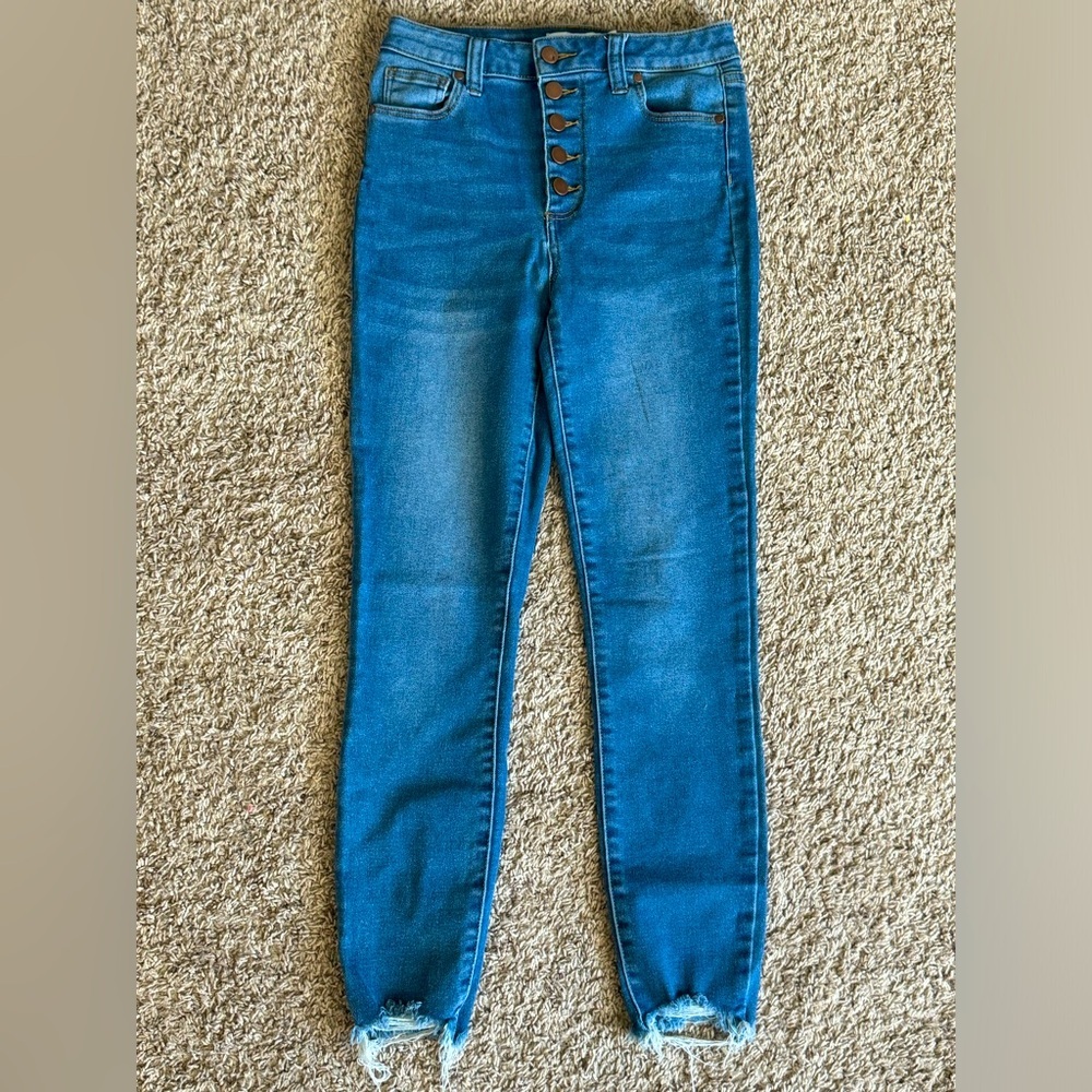 Justfab high waist distressed ankle button up skinny jeans - size 28